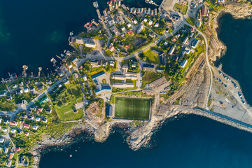 Close up parts of Reine fishing village in Lofoten, Northern Norway.  Captured from above.