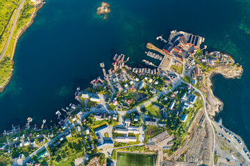 Close up parts of Reine fishing village in Lofoten, Northern Norway.  Captured from above.