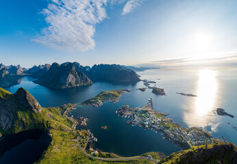 Aerial view of town Reine and Reinebringen on Norway, Lofoten islands.