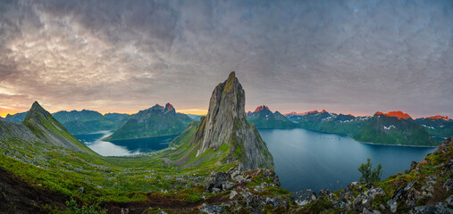 Fototapeta na wymiar Panoramic view of Segla mountain in Senja, Northern Norway, during sunrise.
