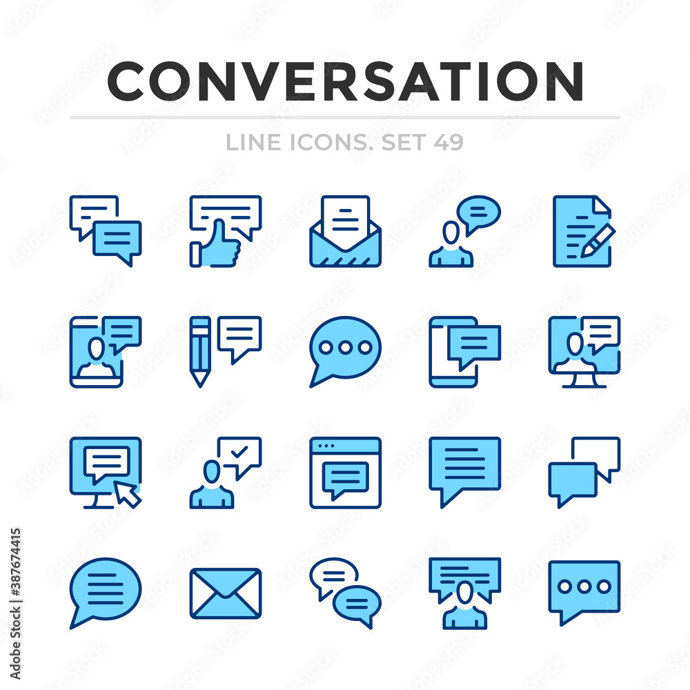 Poster conversation vector line icons set. thin line design. outline graphic elements, simple stroke symbol
