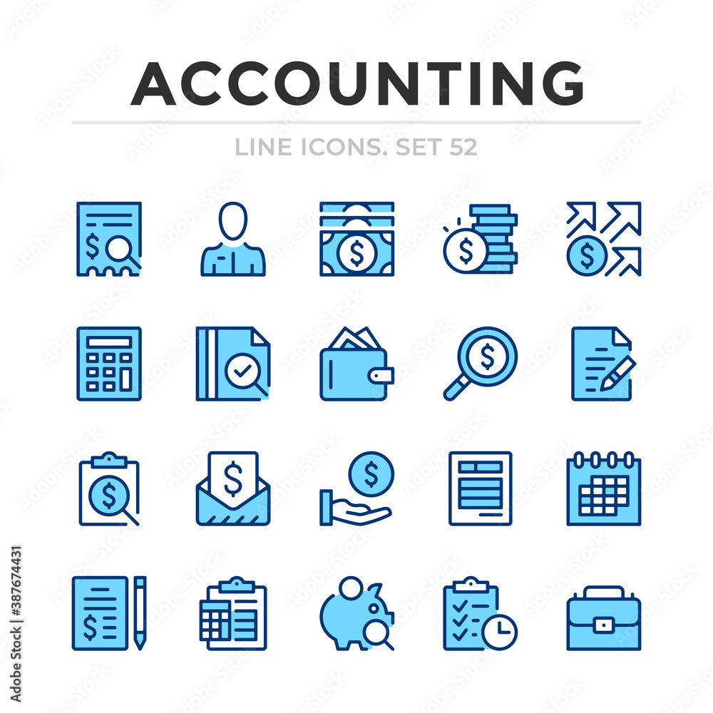 Poster accounting vector line icons set. thin line design. outline graphic elements, simple stroke symbols.