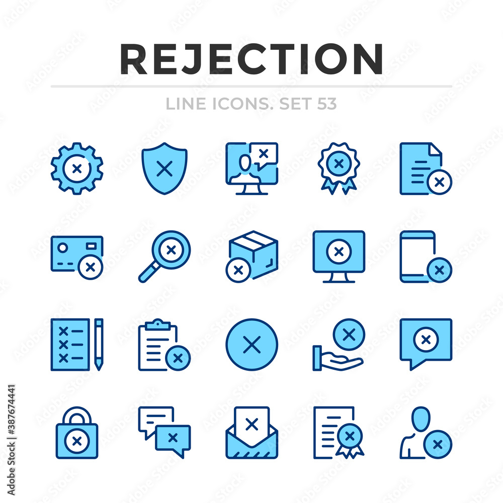 Poster rejection vector line icons set. thin line design. outline graphic elements, simple stroke symbols. 