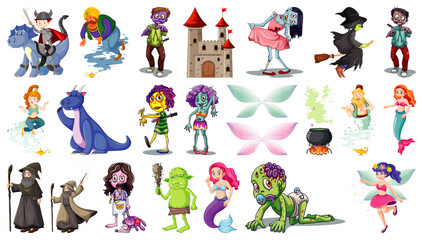 Fototapeta premium Set of fantasy cartoon characters and fantasy theme isolated on white background