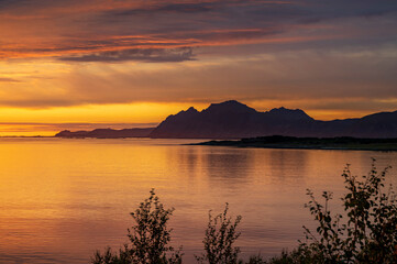 Colourful sunset over Norwegian fjords in Lofoten Archipelago, Lofoten, Norway.