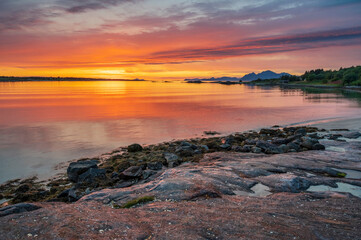 Colourful sunset over Norwegian fjords in Lofoten Archipelago, Lofoten, Norway.