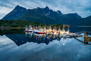 Fishing village in Lofoten, Lofoten is an archipelago in Norway. Its known for its dramatic scenery.