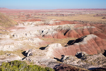 Landscape view of the beautifully colorful mounds in Petrified Forest National Park (Arizona).
