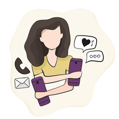 Multitasking businesswoman or office worker with two phones. Vector illustration concept. Performing several tasks at the same time.