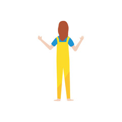 back view of a woman standing wearing yellow overall, flat style