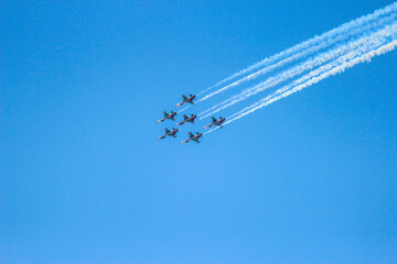 Airplanes flying in formation against blue sky, airplane show on blue sky, airplanes on sky