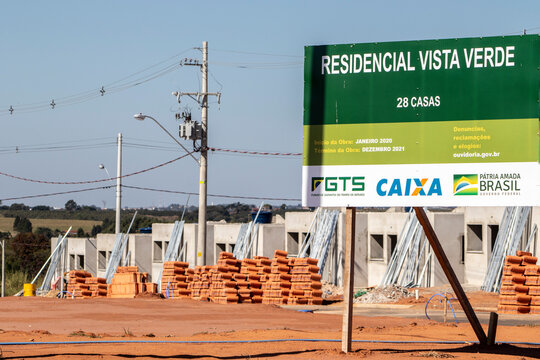 signs indicating of "rRsidential Vista Verde" the construction of popular houses in a housing project of the "Minha Casa, Minha Vida" Project in the district of Jafa in Garca,