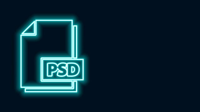 Glowing neon line PSD file document. Download psd button icon isolated on black background. PSD file symbol. 4K Video motion graphic animation