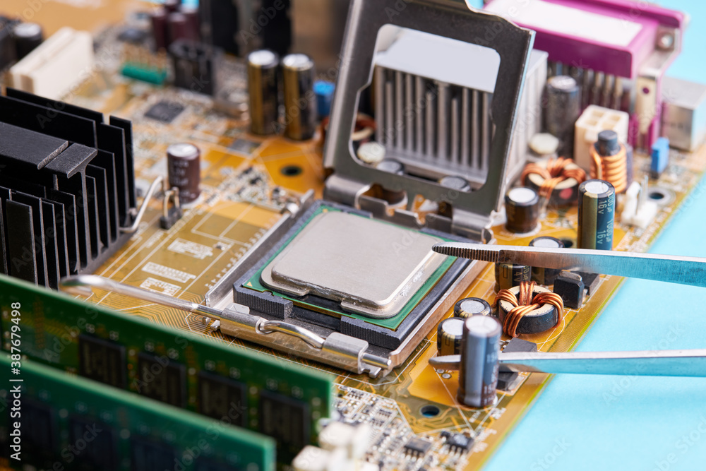 Poster technician engineer fix computer hardware. computer repair service concept. electronic industry conc