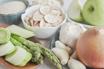 Variety of prebiotic foods for gut health, low carb diet, dairy free and gluten free, healthy plant...