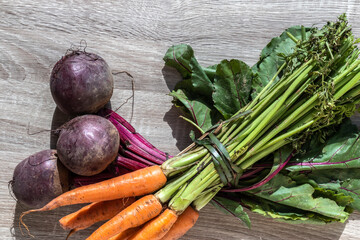 fresh organic carrots and beets on wooden table in Brazil