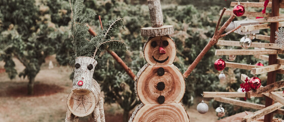 Rustic eco reusable wooden christmas decor rudolph snowman and christmas tree, sustainable festive...