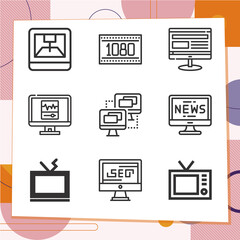 Simple set of 9 icons related to television set