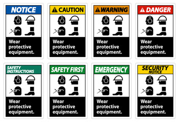 Wear Protective Equipment,With PPE Symbols on White Background,Vector Illustration