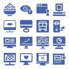 16 pack of electronic computer  filled web icons set