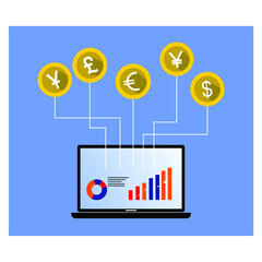 laptop and currency coins, graphic, business, commerce