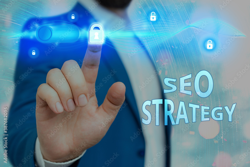 Poster Handwriting text Seo Strategy. Conceptual photo Techniques and tactics to increase the visitors of a website Graphics padlock for web data information security application system