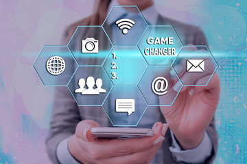 Word writing text Game Changer. Business photo showcasing Sports Data Scorekeeper Gamestreams Live Scores Team Admins Grids and different set up of the icons latest digital technology concept