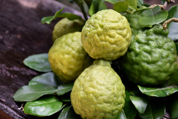 Fototapeta premium Kaffir limes on wooden table with natural blurred background.