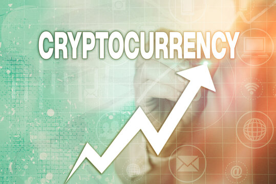 Writing note showing Cryptocurrency. Business concept for form of currency that exists digitally has no central issuing Arrow symbol going upward showing significant achievement