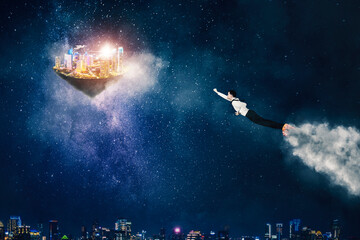 Obraz na płótnie Canvas American businessman fly toward float city on sky