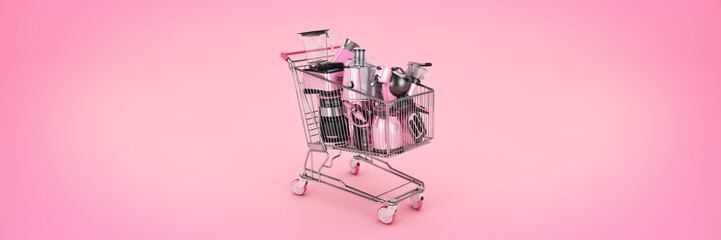 Shopping cart with many kitchen appliances. 3D rendering © lchumpitaz
