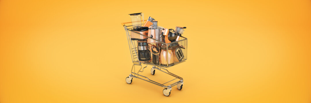 Shopping cart with many kitchen appliances. 3D rendering