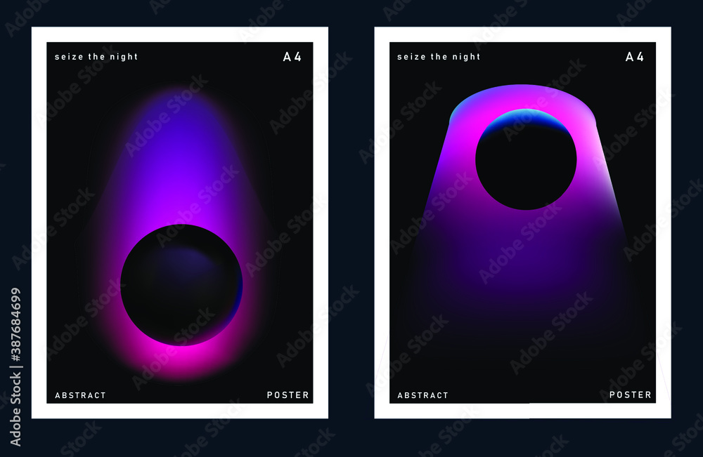 Poster set of minimal posters with abstract composition of glowing neon planets. synthwave and vaporwave st