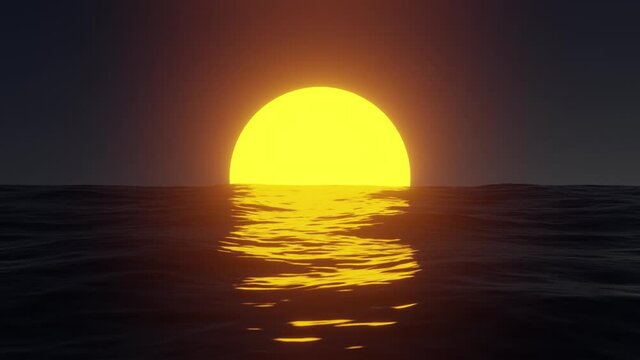 Reflection of the sun at sunrise / sunset on the ocean waves. Looped video. 3d animation.