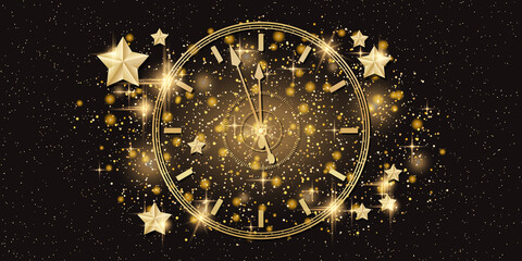 Christmas and New Year black vector background with stars, glitter effect and clock