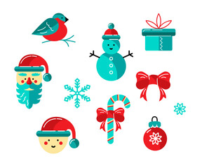 Merry Christmas and New Year vector illustration set with Santa and gnome faces, snowman, gift box, snowflakes. Flat style design. 