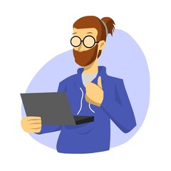 illustration of a happy bearded man holding a laptop