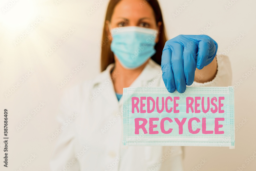 Aufkleber conceptual hand writing showing reduce reuse recycle. concept meaning environmentallyresponsible con