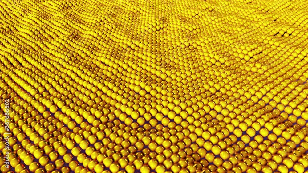 Poster abstract wavy surface of many gold balls. 3d rendering background, modern computer generated