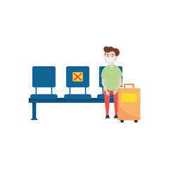 traveler man with suitcase keeping a social distancing on seats, flat style