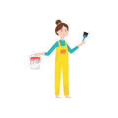 cartoon builder woman holding a paint bucket and brush, flat style