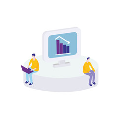 platform with computer monitor and people sitting around, flat style