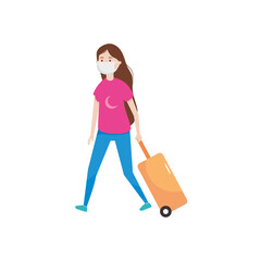 cartoon woman with mouth mask and pulling suitcase, flat style