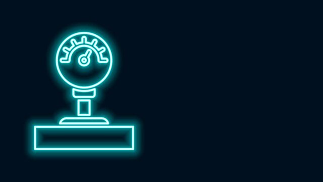 Glowing neon line Gauge scale icon isolated on black background. Satisfaction, temperature, manometer, risk, rating, performance, speed tachometer. 4K Video motion graphic animation