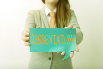 Writing note showing Presentation. Business concept for act, power, or privilege especially of a...