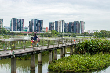 Singapore 23rd Oct 2020: The lake view in Jurong Lake Gardens. A new national gardens in the heartlands, where spaces will be landscaped and created for families. MRT track in the background. 