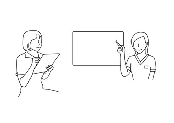 サロンの女性がカウンセリングしている様子の線画（ラインアート）