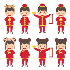 2021 Year of Ox. Set of Cute cartoon Chinese New Year boy and girl with different pose, isolated on white. Chinese kids in flat vector illustration.
