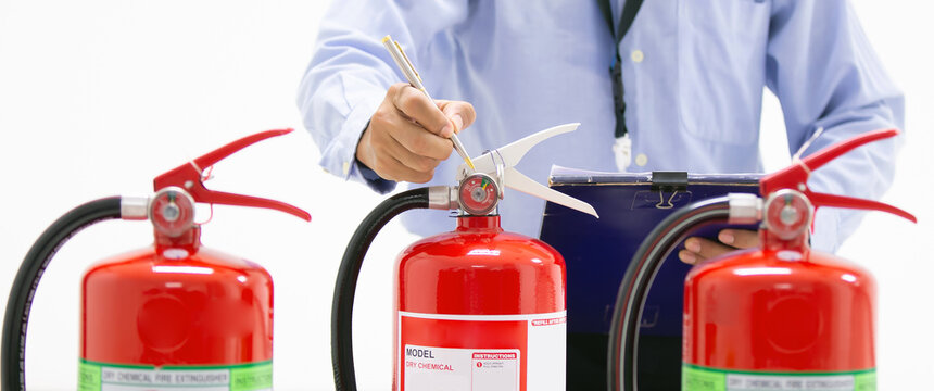 Fire Protection Engineering Checking Inspection Services The Red Fire Extinguishers Tank In The Building Concepts Of Prevent Emergency And Safety Rescue Training.