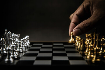 Close up hand choose chess from the golden team on chess board concepts of leadership and business strategy and risk management.